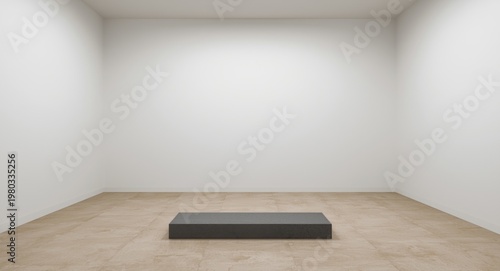 Minimalist empty room with grey rectangular feature on beige flooring and white walls fading into horizon
