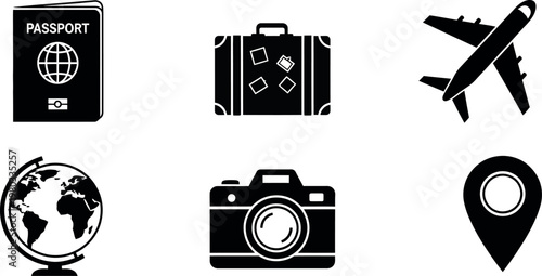 A collection of travel icons including a passport, suitcase, airplane, globe, camera, and map pin on a white background.