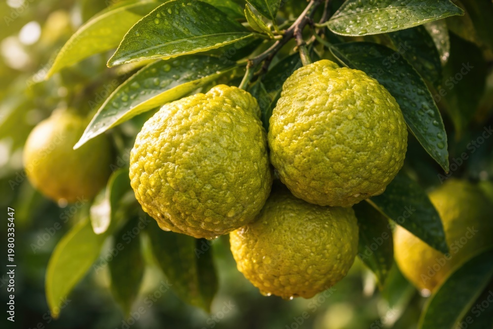 Fototapeta premium Close up view of ripe bergamot oranges hanging on citrus tree branch