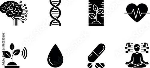 A collection of black and white icons representing health, wellness, and biotechnology concepts.