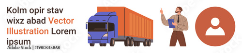 Logistics, delivery services, transportation, cargo management, workforce solutions, business optimization. Worker holding a clipboard with a truck and user icon. Logistics and delivery services