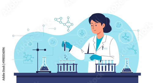Female scientist conducting experiment in laboratory with test tubes and beakers