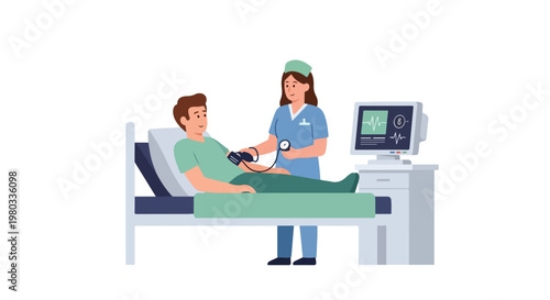 A female nurse in blue scrubs checks the blood pressure of a male patient resting in a hospital bed beside a digital medical monitor.
