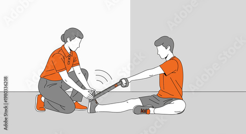 Physical therapist assisting patient with leg exercise using resistance band in clinic