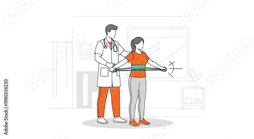 Physical therapist assisting patient with chest expansion exercise using resistance band