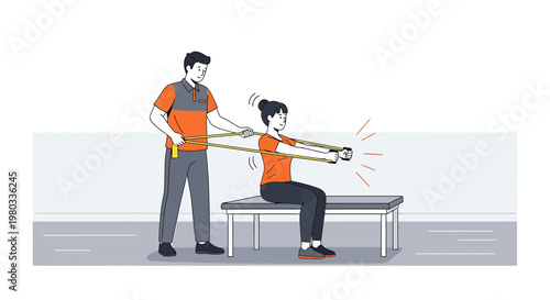 Physical therapist assisting patient with resistance band chest exercise on bench