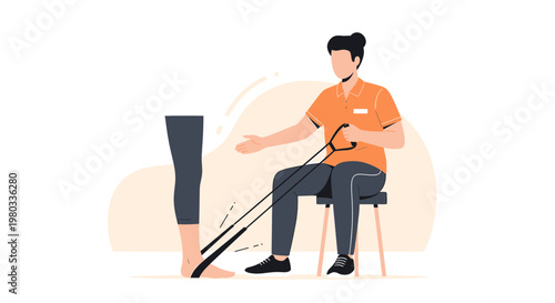 Physical therapist assisting patient with resistance band leg exercise for rehabilitation