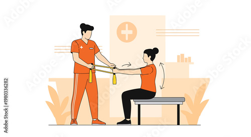 Physical therapist assisting patient with resistance band exercise for arm rehabilitation