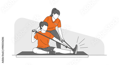 Physical therapist assisting patient with resistance band leg exercise for rehabilitation