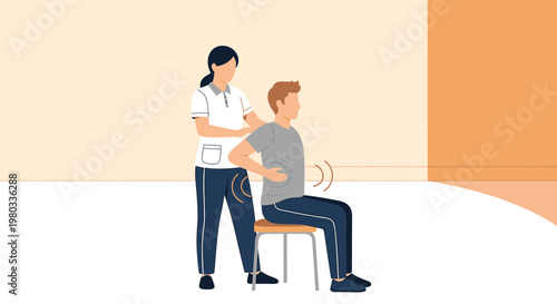 Physical therapist assisting patient with seated back exercise for rehabilitation