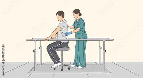 Physical therapist assisting patient with seated exercise using parallel bars for support