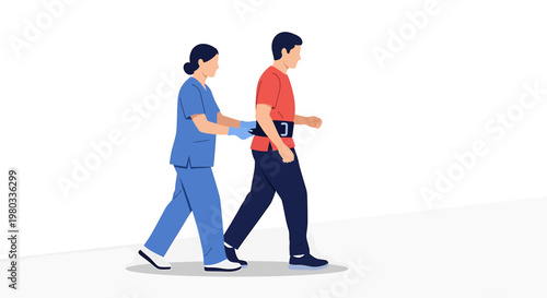 Physical therapist assisting patient with walking rehabilitation using a gait belt