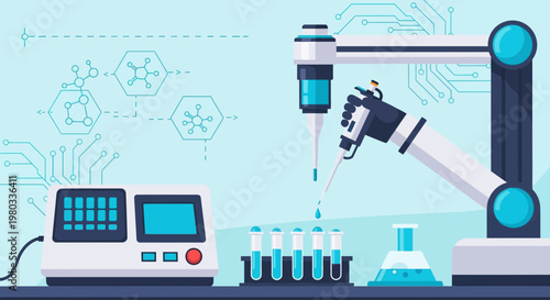 Robotic arm performs liquid dispensing in a modern laboratory with scientific equipment