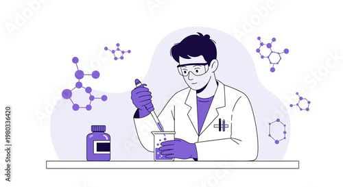 Scientist Conducting Chemical Experiment with Pipette and Beaker, Molecular Structures