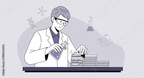 Scientist conducting experiment with flasks and DNA helix, science research concept