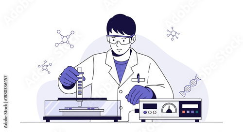 Scientist conducting experiment with DNA and molecular structures in laboratory