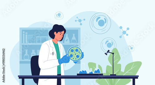 Scientist examining petri dish with bacteria culture in modern laboratory, science research