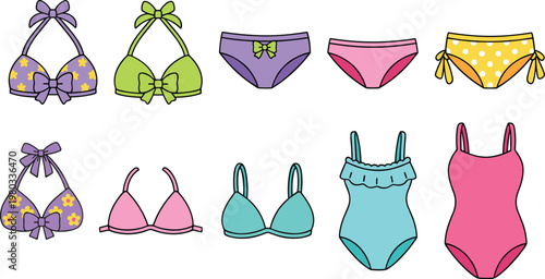 Colorful vector icon set of women's swimwear, bikinis, and one piece bathing suits.