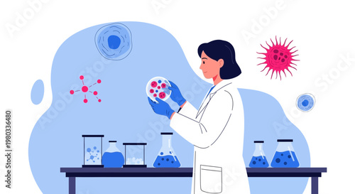 Scientist examining petri dish with bacteria culture in laboratory, research concept