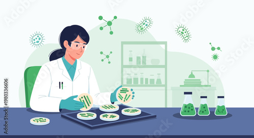 Scientist examining petri dishes with bacteria culture in laboratory, microbiology research
