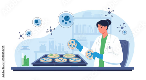 Scientist examining petri dishes with bacteria culture in laboratory, microbiology research