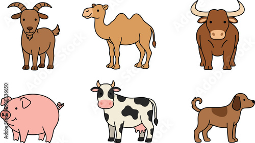Hand drawn vector set of domestic animals and farm livestock including cow, camel, and goat.