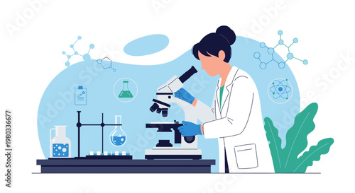Scientist examining sample under microscope in laboratory, scientific research and development