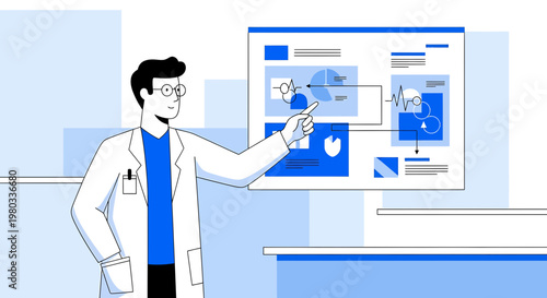 Scientist Explaining Complex Data on Screen, Research and Development Concept