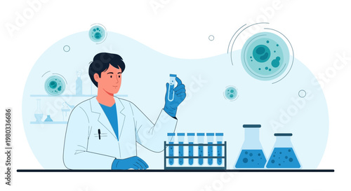 Scientist examining test tube in laboratory with microscope and beakers