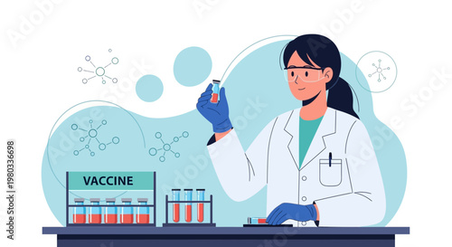 Scientist Holding Vaccine Vial in Laboratory with Test Tubes and Molecules