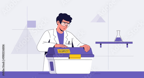 Scientist in Lab Coat Opens Safety Box with Chemicals in Modern Laboratory