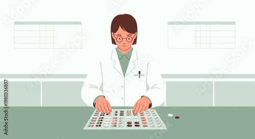 Scientist in lab coat organizing pills on a tray, medical research concept