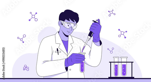 Scientist in Lab Coat Pipetting Liquid into Test Tube, Chemistry Research Concept