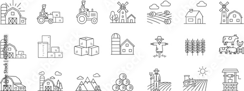 Linear vector icon set of farming, agriculture, and rural life elements.