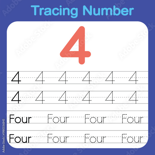 Trace and write the word four. Alphabet and number tracing worksheets for preschool  children.