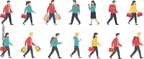 Modern flat design vector set of diverse people walking with bags and briefcases.