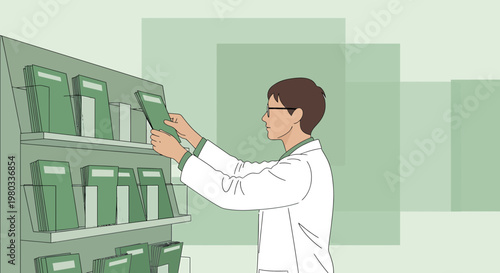 Scientist in lab coat selects book from shelf in library or archive, research concept