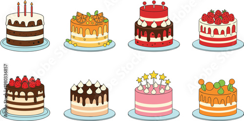 Hand drawn vector set of gourmet celebration cakes with various toppings and frostings.