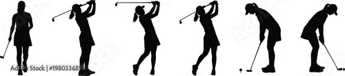 Professional black silhouette set of a female golfer in various swing poses.