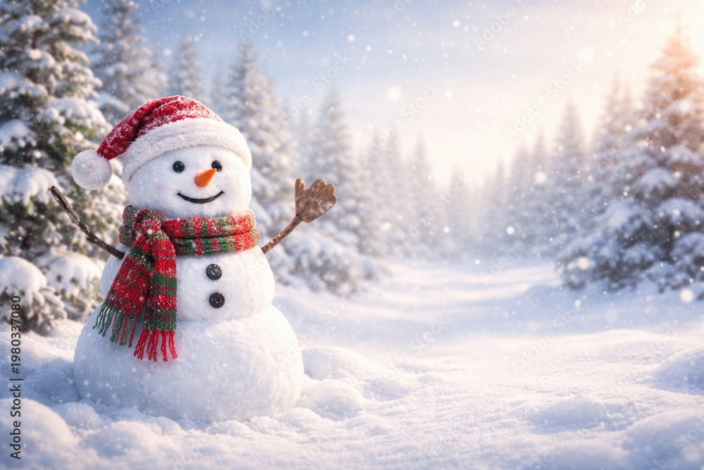 Obraz premium Cheerful Snowman Waving in Snowy Winter Landscape with Blank Space for Text