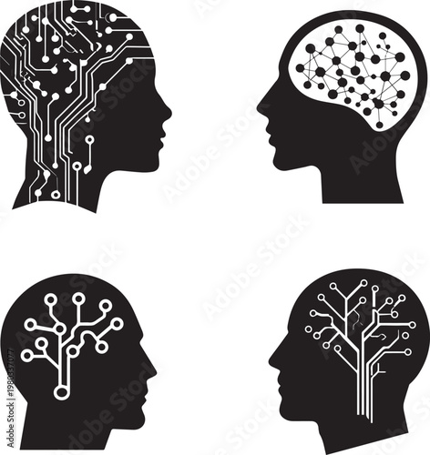 Human head brain technology thinking concept represented with digital circuit brain structure vector black silhouette on white background