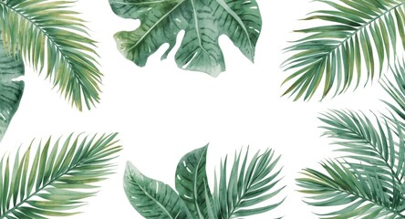 Watercolor renderings of tropical palm leaves suited for greeting cards and logos