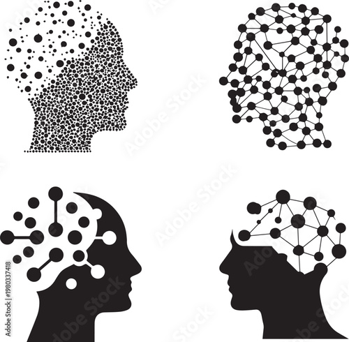 Human head brain technology thinking concept represented with digital circuit brain structure vector black silhouette on white background