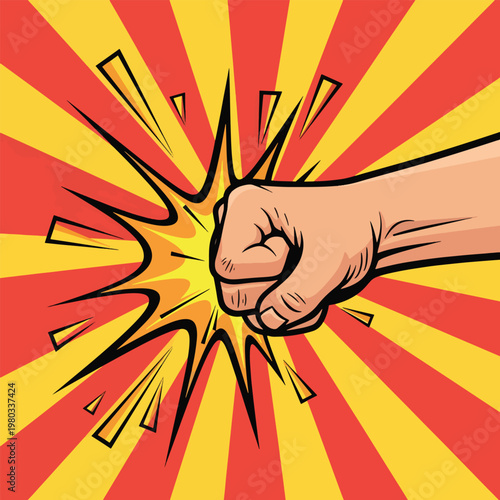 Fist Punching with Comic Explosion Background