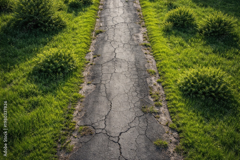 Obraz premium Aerial perspective of weathered cracked pavement bordered by vibrant green grass and scattered small bushes