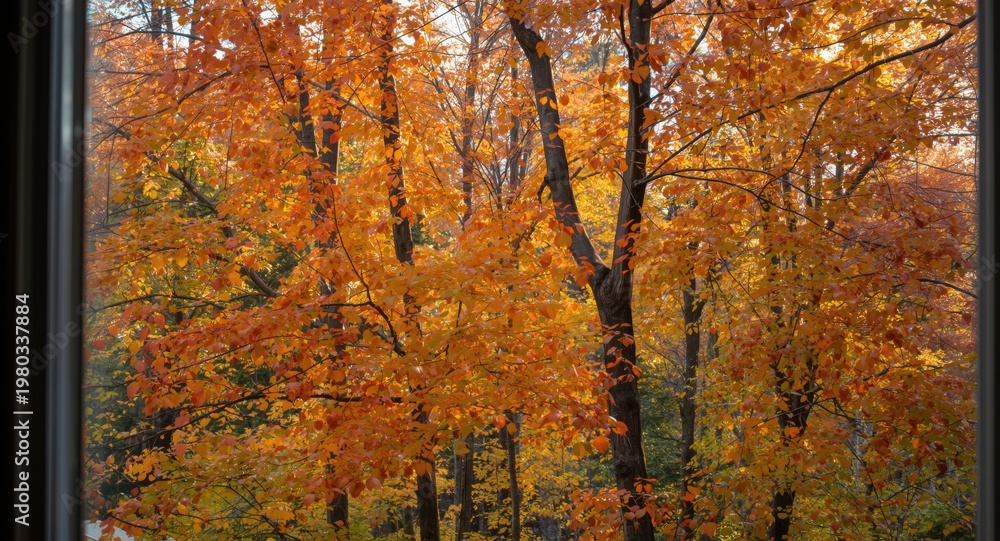 Obraz premium Trees with radiant autumn leaves viewed from inside a residence