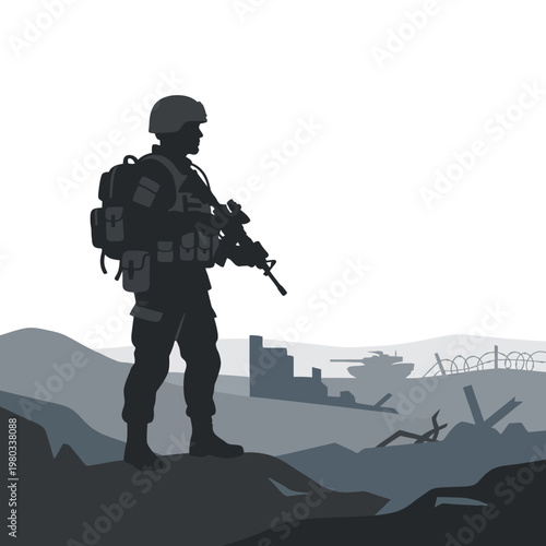 Silhouette of an American soldier standing alert with a rifle on a battlefield scene with a war zone silhouette in the background, conveying a sense of military operation.