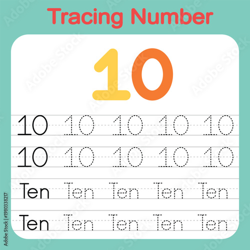 Trace and write the word ten. Alphabet and number tracing worksheets for preschool and kindergarten children.