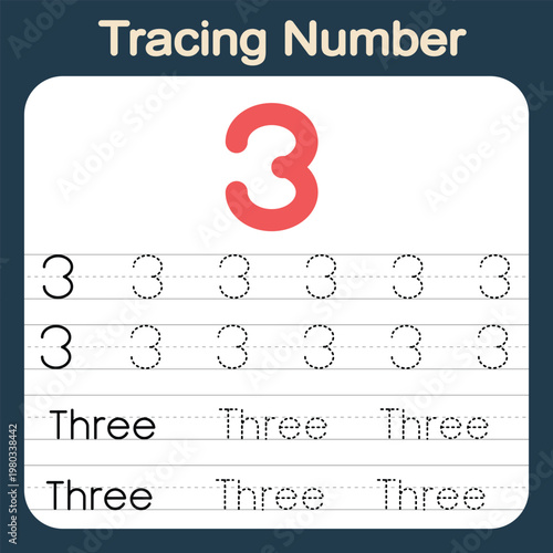 Trace and write the word three. Alphabet and number tracing worksheets for preschool and kindergarten children.