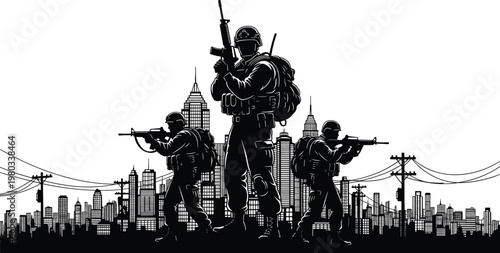 Black and white silhouette of armed soldiers with rifles, tactical gear, helmets, backpacks, standing before urban city skyline background